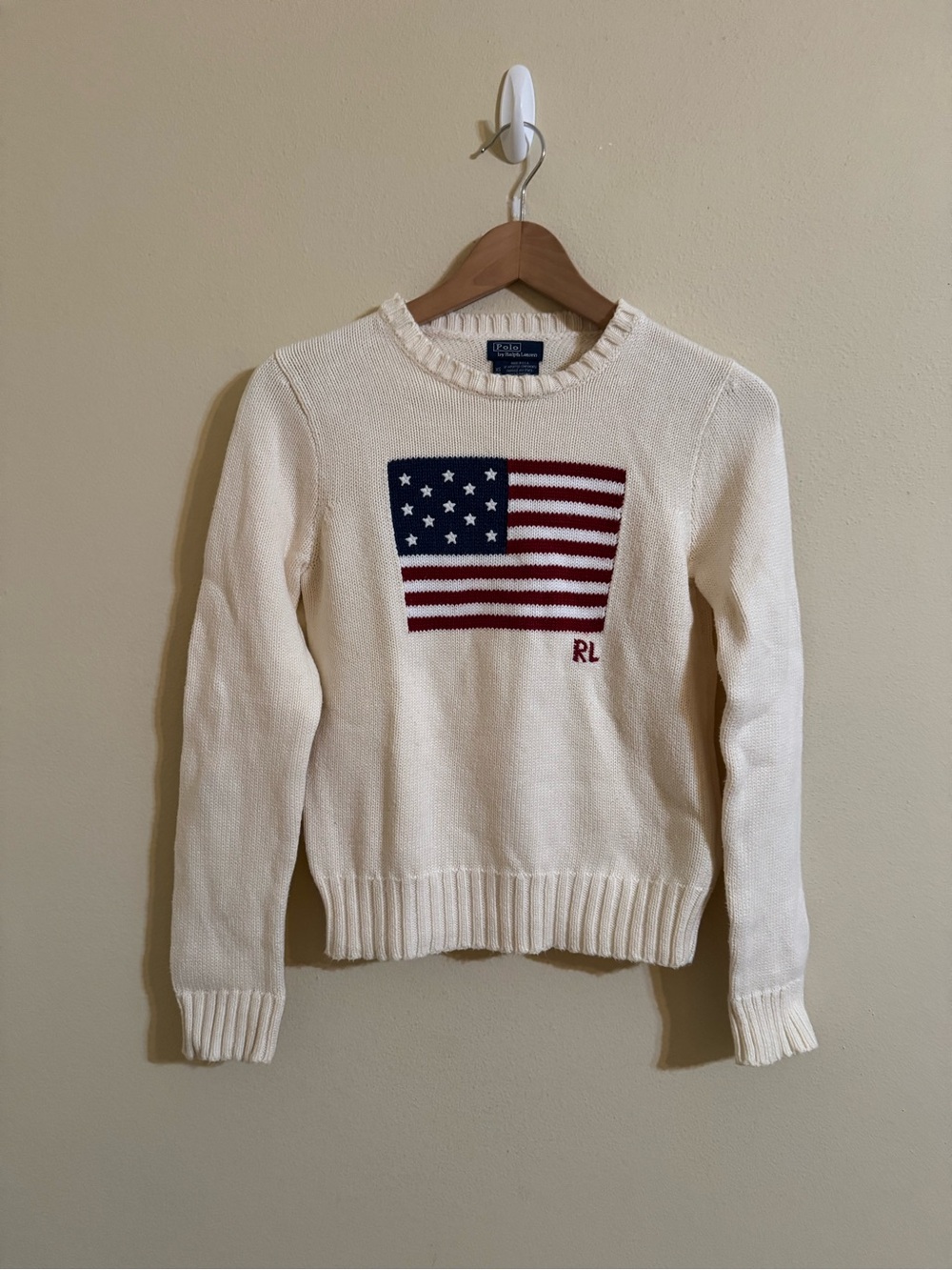 Polo Ralph Lauren American Flag Sweater USA Knit Crewneck Cream Made In USA XS